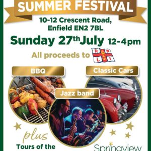 Poster advertising the Springview Care Home Summer Festival in Enfield, with BBQ, jazz band and classic cars to raise funds for the RNLI.