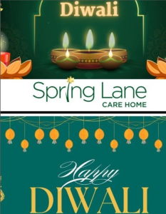 : Diwali celebration graphic with glowing candles and “Happy Diwali” alongside the Spring Lane Care Home log