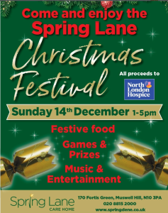 Poster promoting the Spring Lane Christmas Festival at Spring Lane Care Home in Muswell Hill, supporting North London Hospice