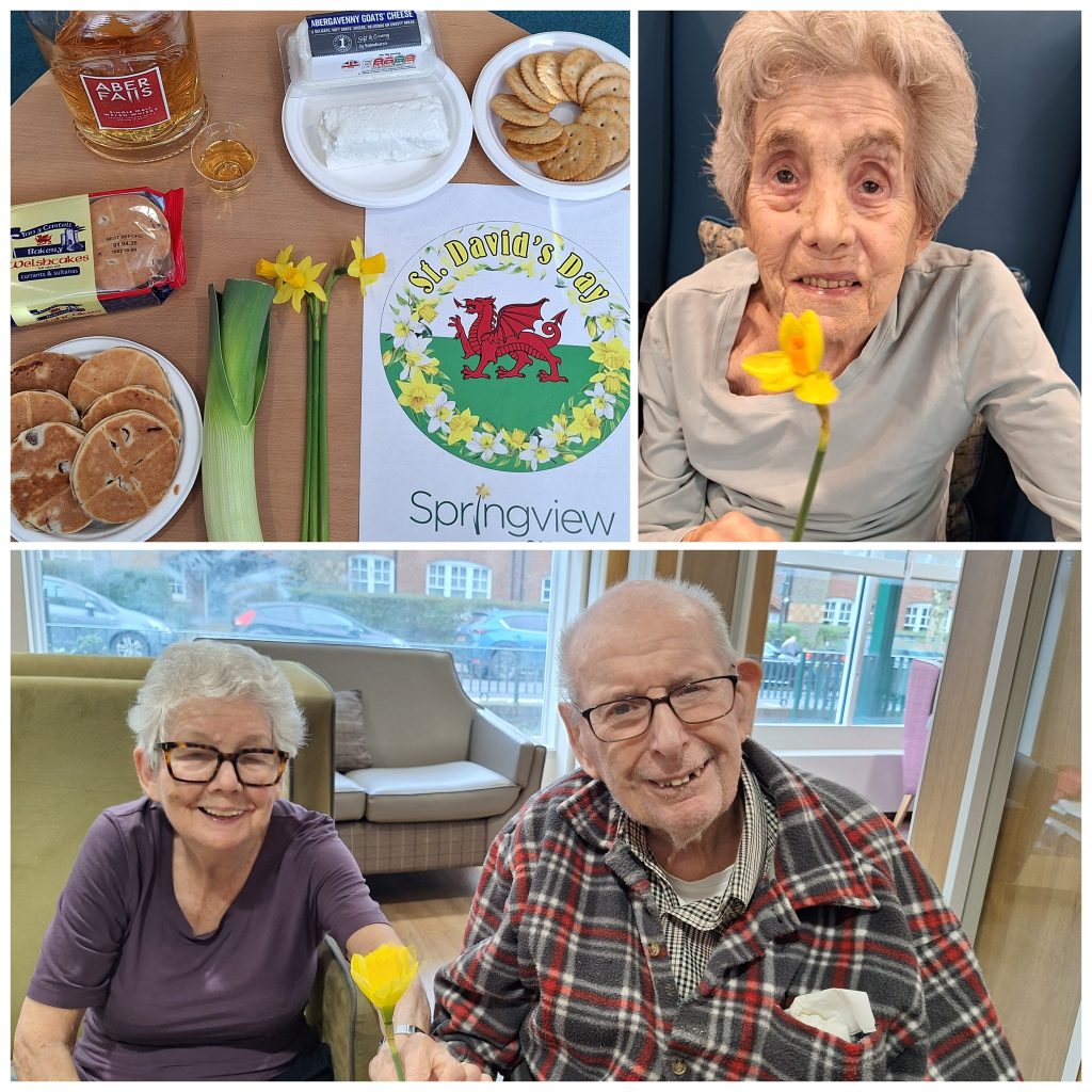 St David’s Day table display with Welsh cakes, daffodils and residents enjoying the celebration at Springdene Care Homes.