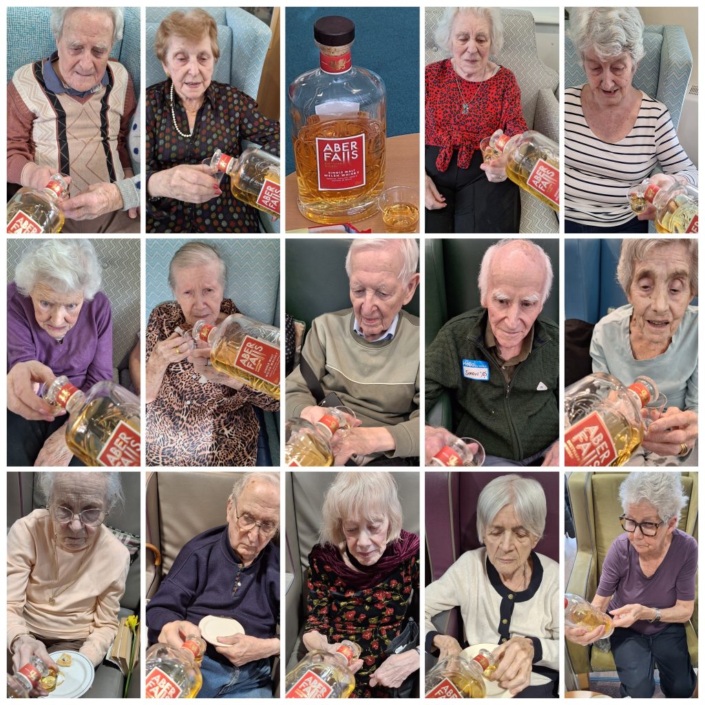 Residents enjoying a small tasting of Welsh whisky during St David’s Day celebration at Springdene Care Homes.