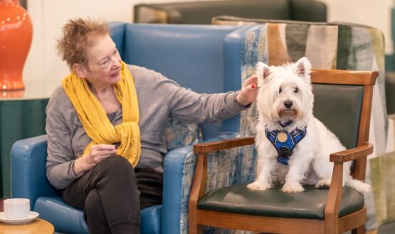 Photo-057 (Large) Resident petting a visiting dog while relaxing in the lounge at Springdene Care Home.