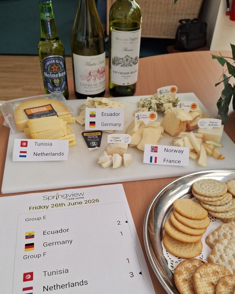 nternational cheese tasting activity for residents at Springview Care Home