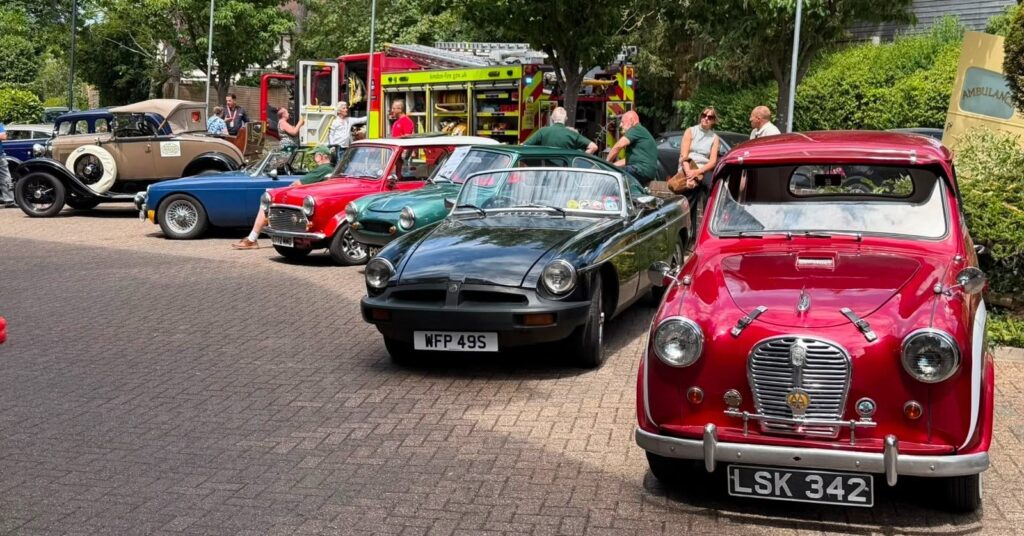 Classic cars on display at Springview Care Home Summer Festival in Enfield